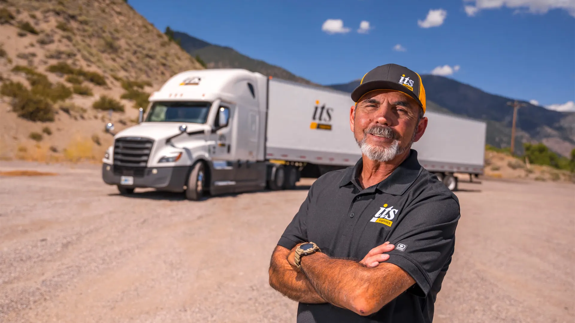 مرد کلاه دار جلوی کامیون در بیابان