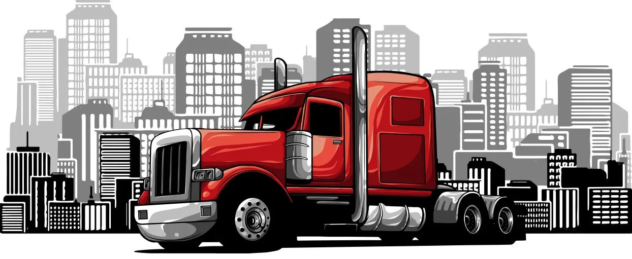 وکتور کامیون قرمز با نمای آسمان خراش